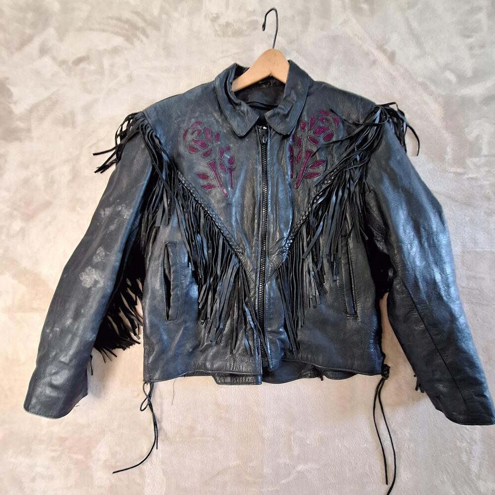 Vintage Silver Bike Jacket Womens Large Black Leather Fringe Motorcycle Floral
